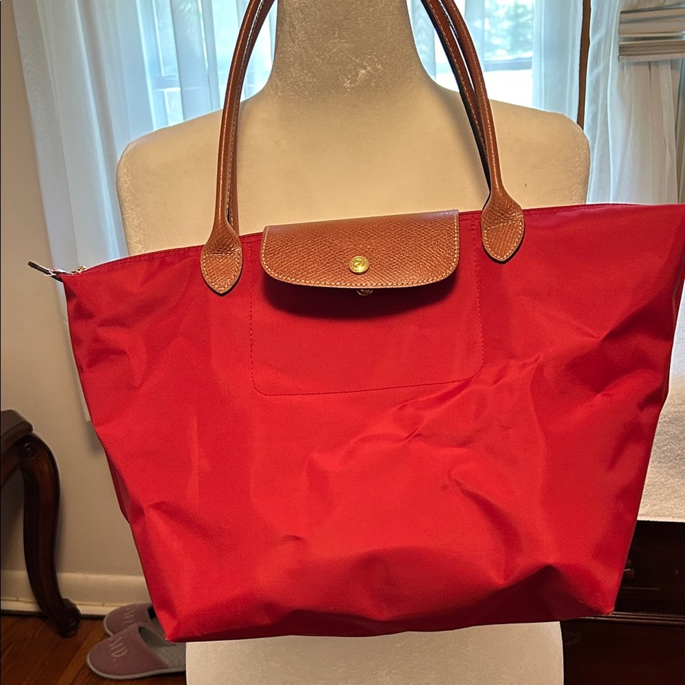 Longchamp Medium Red Tote Bag with Brown Handles